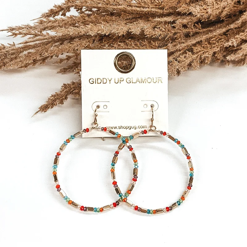 Designer Hoop Earrings-Circle Drop Beaded Earrings with Gold Spacers in Multicolored