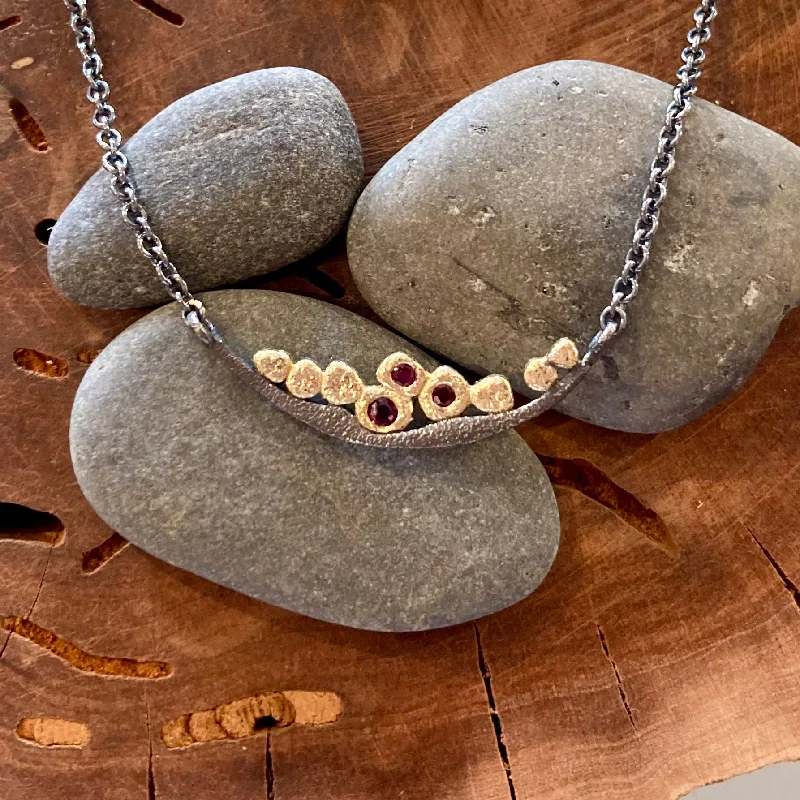 Layered Chain Necklaces-18K Textured Gold Pebbles and Rubies Oxidized Sterling Silver Bridge Necklace