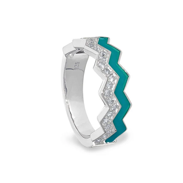 Affordable Gold Rings-Platinum Finish Sterling Silver Micropave Ring with with Turquoise Enamel and Simulated Diamondss