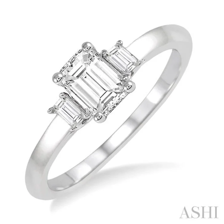 Elegant Diamond Rings-5/8 Ctw Emerald and Baguette Diamond Engagement Ring with 1/2 Ct Emerald cut Center Stone in 14K White Gold