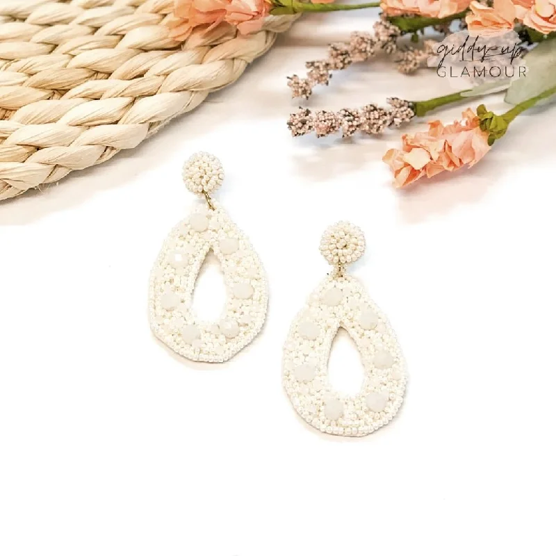 Handcrafted Pearl Earrings-Seed Bead Teardrop Post Earrings in Ivory