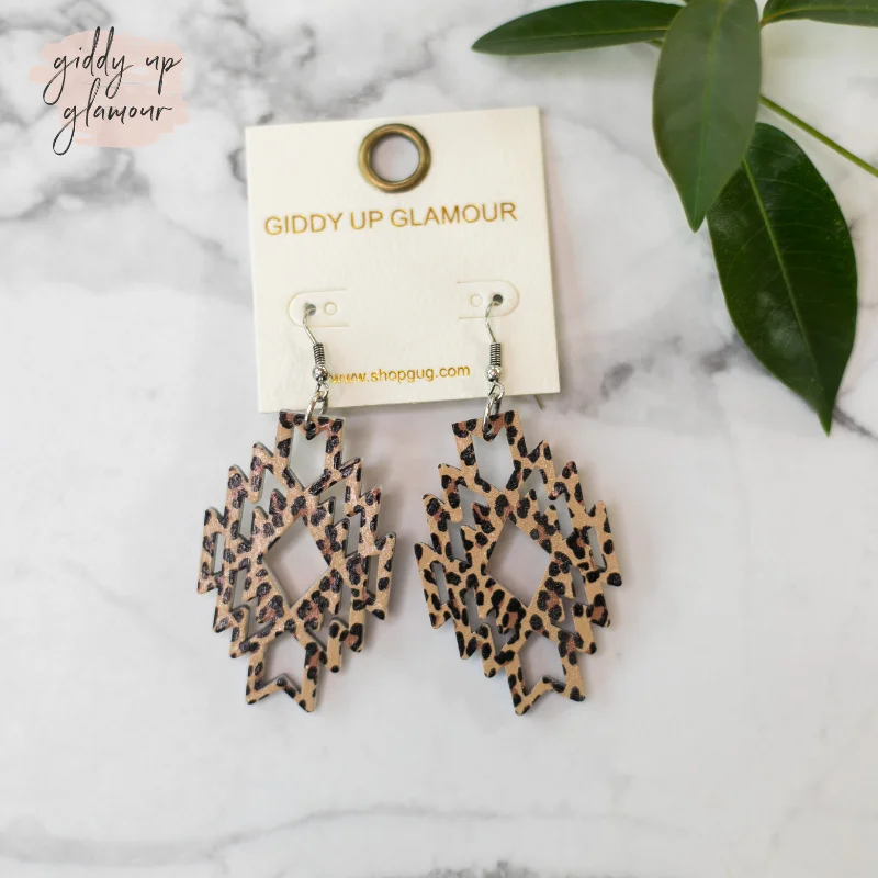 Trendy Crystal Hoop Earrings-Aztec Shaped Wooden Earrings in Leopard Print