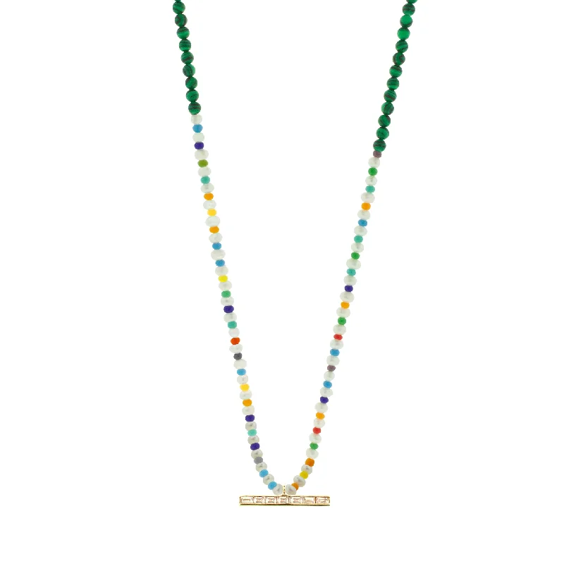 Fashionable Necklaces-TLC Diamond Baguette ID Bar on Pearl Malachite Beaded Necklace